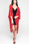 Model wearing 3 paneled red silk kimono facing front